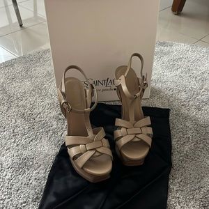 YSL Tribute 105 Sandal Taurillon Skin Beige Size 38.5